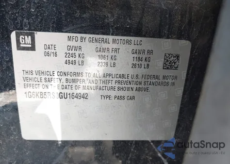 2016 Cadillac Ct6 Standard z USA, uszkodzony, nr VIN 1G6KB5RS0GU164942